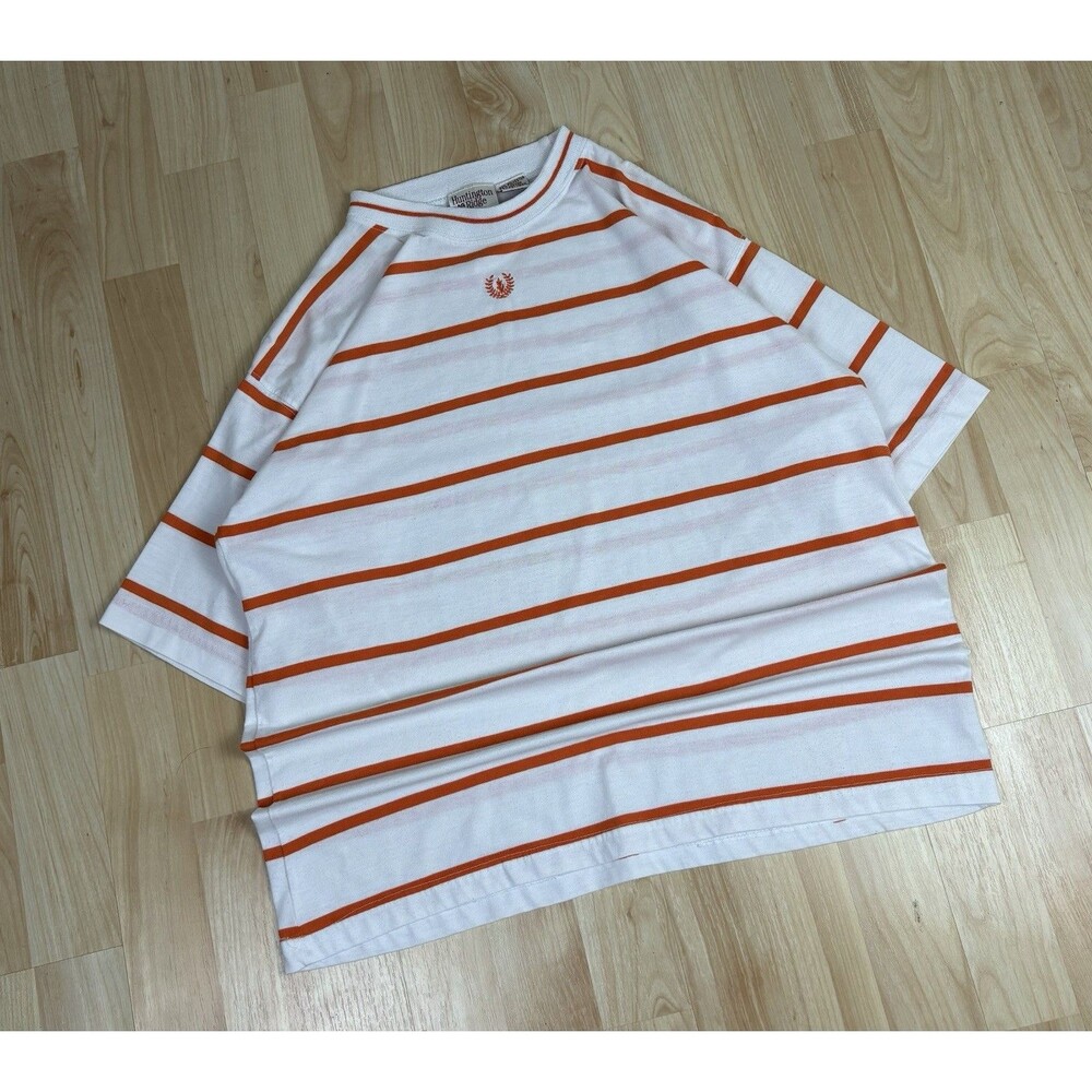 Vintage 90s Striped T-Shirt / Embroidered / Size Small / Orange White